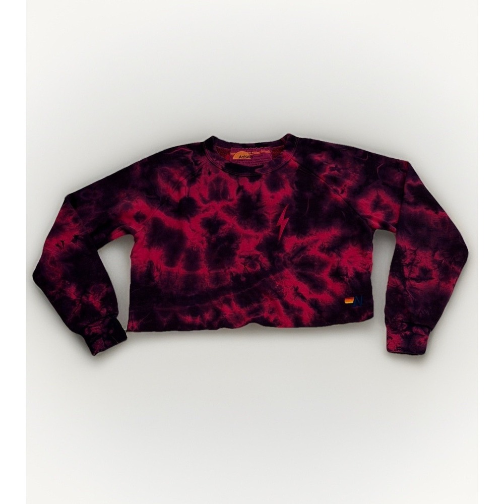 AVIATOR NATION Bolt Cropped Tie‎ Dye Pink Purple Crewneck Sweatshirt Size SMALL